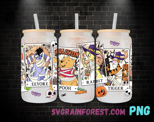Spooky Winnie The Pooh and Friends Tarot 16oz Glass Can Wrap PNG, Libbey Glass Can Wrap Halloween, Happy Halloween Glass Can Wrap PNG