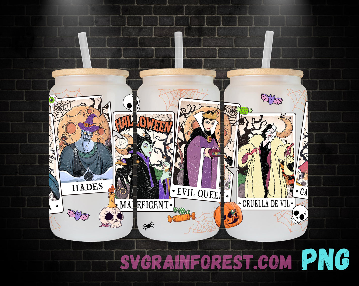 Villains Halloween Wicked Witches 16oz Glass Can Wrap PNG, Libbey Glass Can Wrap Halloween Tarot, Happy Halloween Spooky Glass Can Wrap PNG