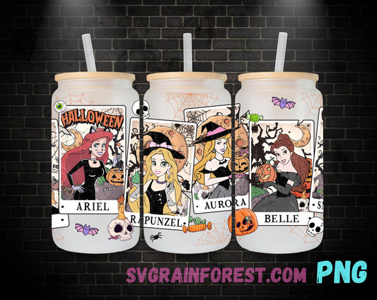 Princess Halloween Witches 16oz Glass Can Wrap PNG, Libbey Glass Can Wrap Halloween Tarot, Happy Halloween Spooky Glass Can Wrap PNG