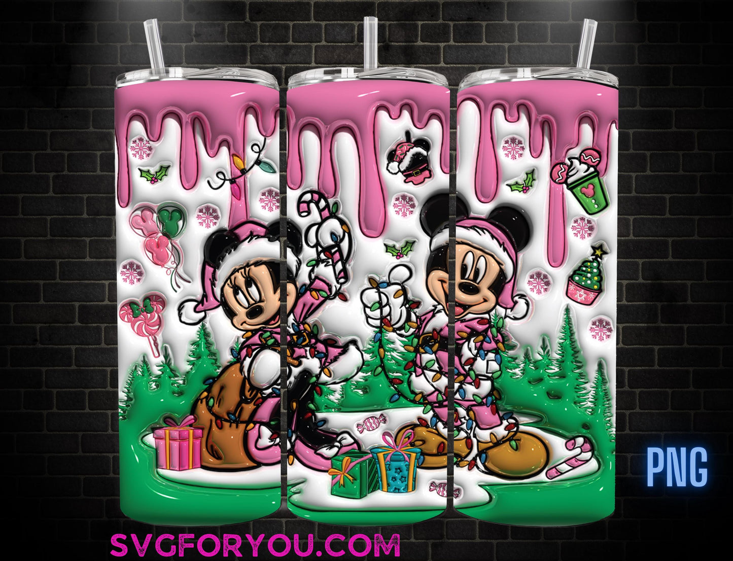 Pink Inflated Christmas Mickey Mouse Tumbler Sublimation Template, Mickey And Friends Png, Mickey Mouse Christmas Tumbler PNG wrap