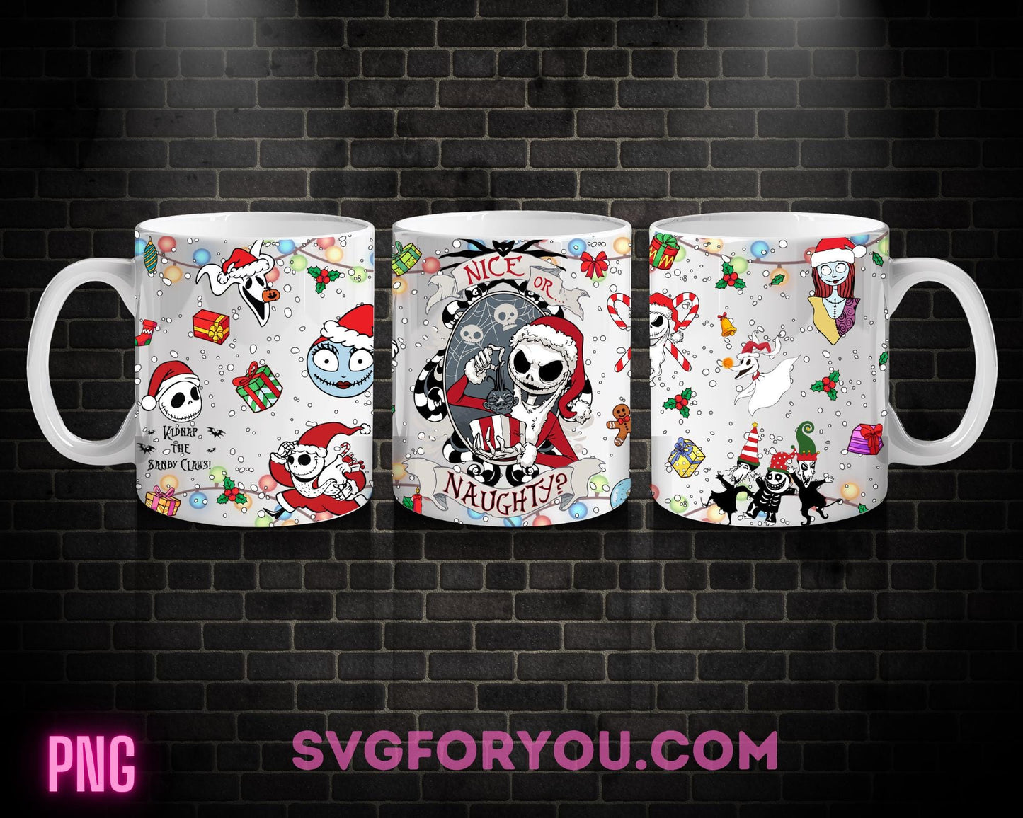 Santa Jack Skellington and Sally Naughty or Nice 11 Oz Mug Png, Nightmare Before Christmas Png, Christmas 11oz Mug Wrap Png