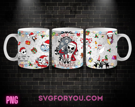 Santa Jack Skellington and Sally Naughty or Nice 11 Oz Mug Png, Nightmare Before Christmas Png, Christmas 11oz Mug Wrap Png