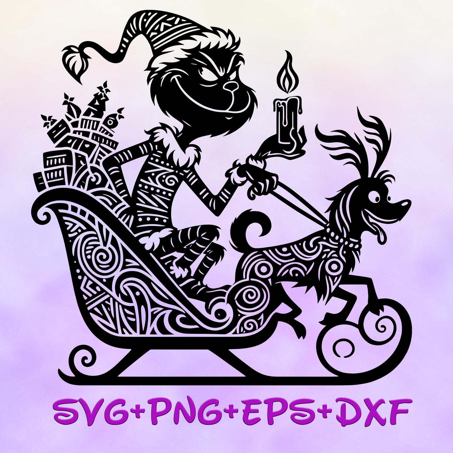 The Grinch with Reindeer in Santa Sleigh Mandala Svg Png  Detailed Zentangle Art (SVG, PNG, DXF Files)