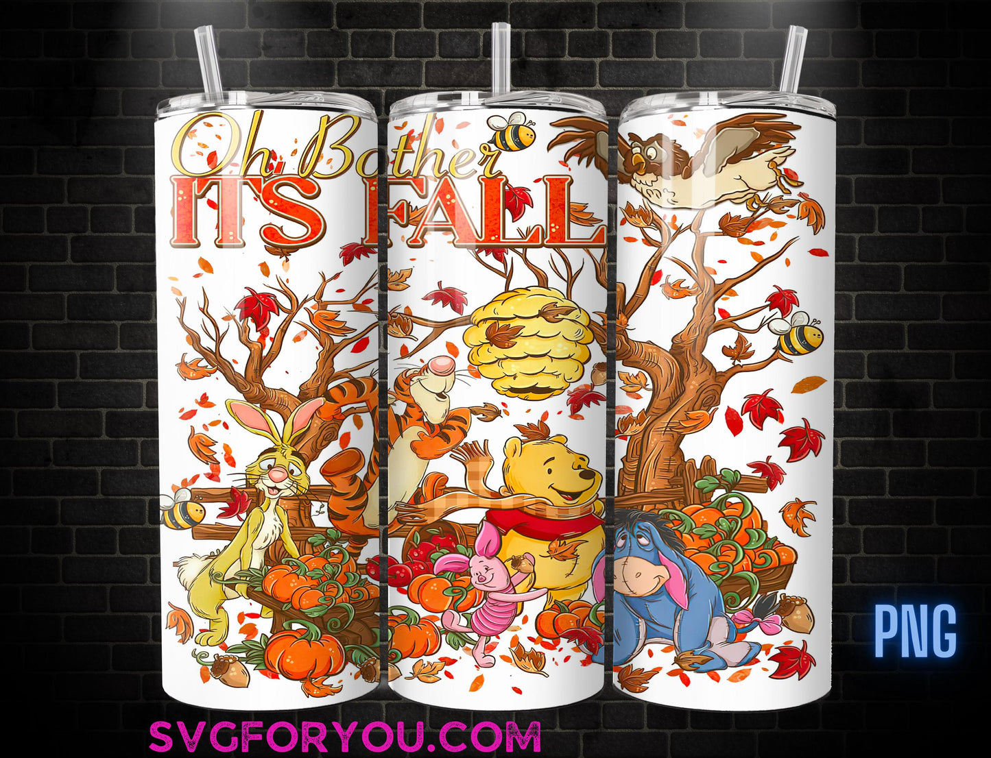Retro Winnie the Pooh Tigger Piglet Eeyore Oh Bother its Fall 20oz Skinny Tumbler Template PNG, Pooh Skinny Tumbler Wrap Design PNG